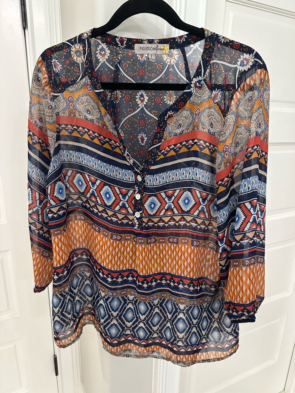Fig Flower Anthropologie Top Shirt Womens L Colorful Tunic Aztec Boho Sheer